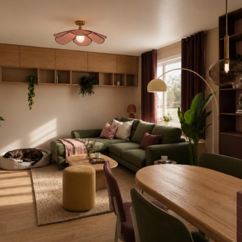 Séjour d'appartement rénové à Annecy, couleurs enveloppantes et mobilier suspendu sur mesure.
