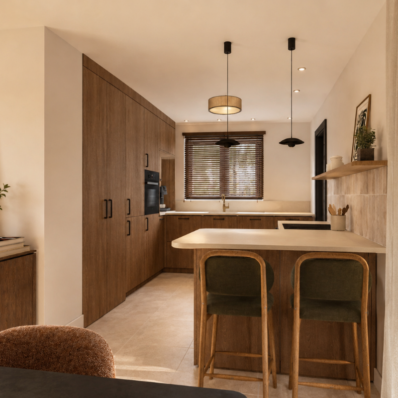 Cuisine et cellier optimisés dans une maison neuve en CCMI, Haute-Savoie.
